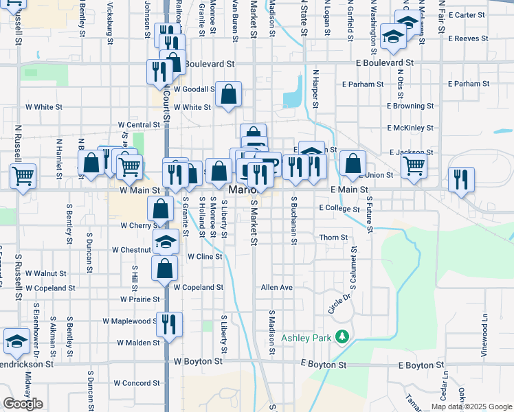 map of restaurants, bars, coffee shops, grocery stores, and more near 200-298 S Market St in Marion