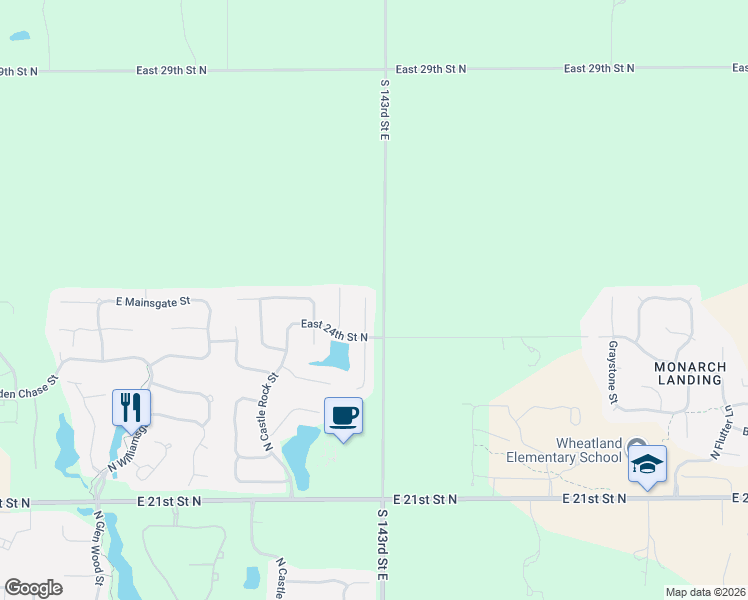 map of restaurants, bars, coffee shops, grocery stores, and more near 2556 N 143rd St E in Wichita
