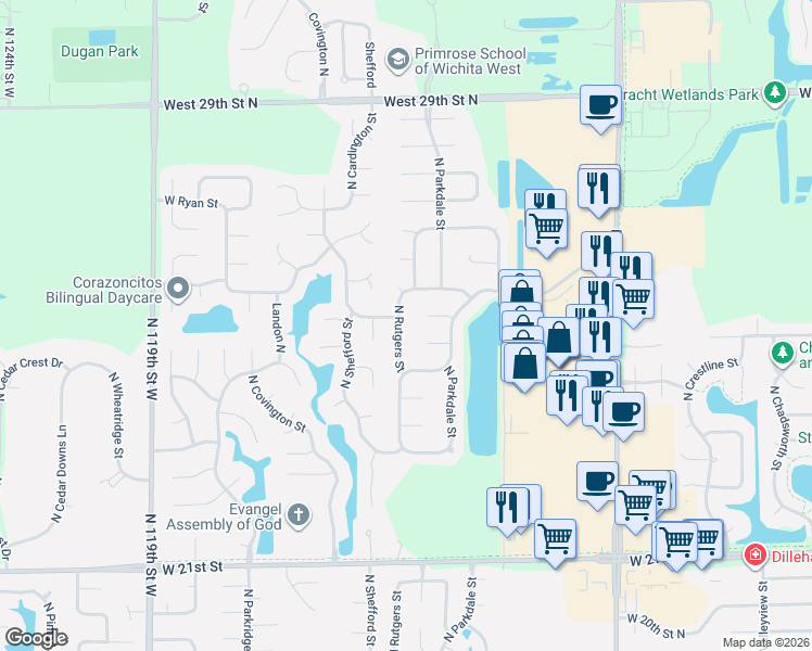 map of restaurants, bars, coffee shops, grocery stores, and more near 2529 North Rutgers Street in Wichita