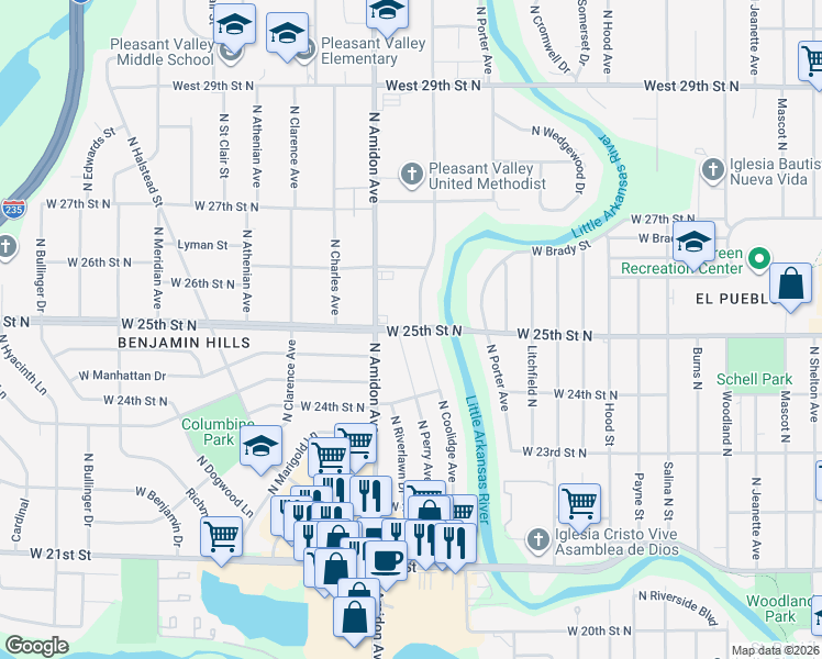 map of restaurants, bars, coffee shops, grocery stores, and more near 2415 North Coolidge Avenue in Wichita