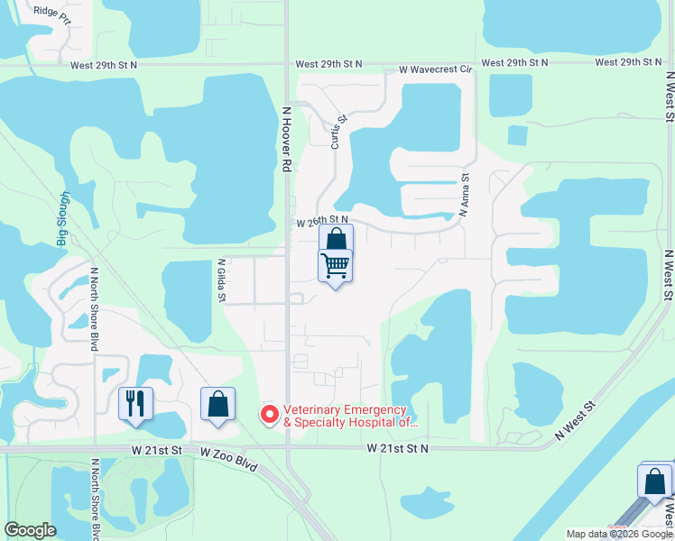 map of restaurants, bars, coffee shops, grocery stores, and more near 2530 North Hoover Road in Wichita