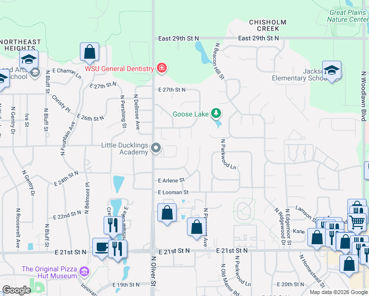 map of restaurants, bars, coffee shops, grocery stores, and more near 2517 North Bleckley Street in Wichita