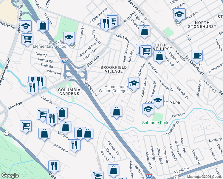 map of restaurants, bars, coffee shops, grocery stores, and more near 201 Kerwin Avenue in Oakland
