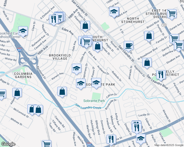 map of restaurants, bars, coffee shops, grocery stores, and more near 520 Almanza Drive in Oakland