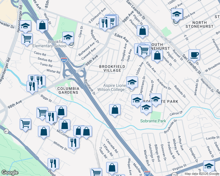 map of restaurants, bars, coffee shops, grocery stores, and more near 201 Kerwin Avenue in Oakland