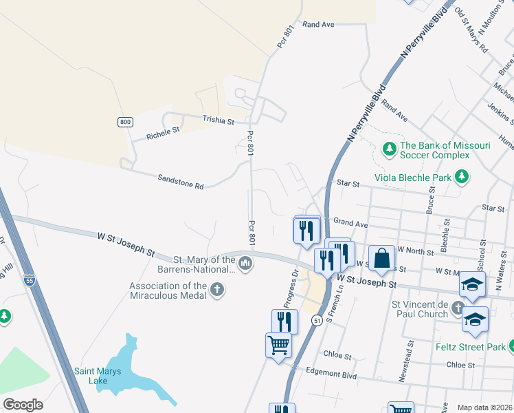 map of restaurants, bars, coffee shops, grocery stores, and more near 17 Sycamore Road in Perryville