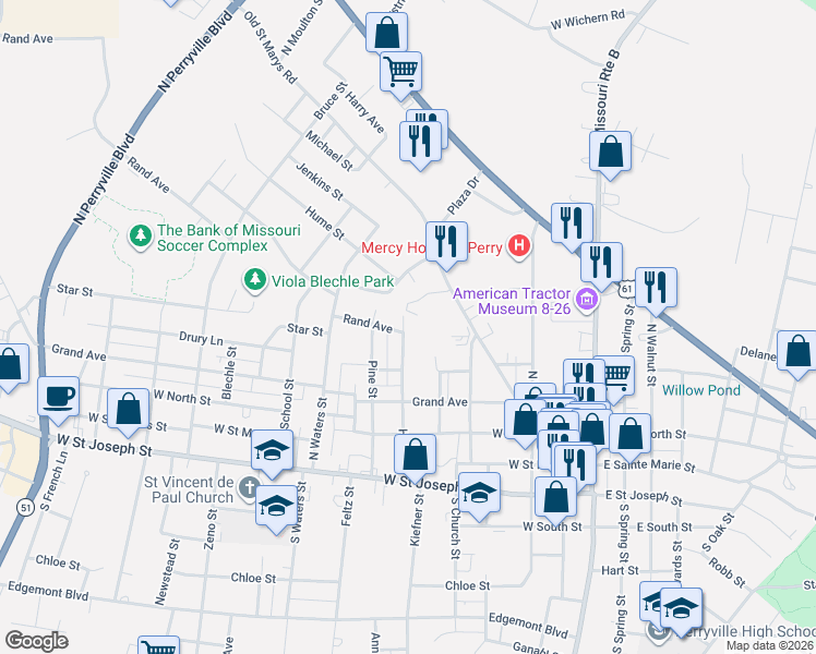 map of restaurants, bars, coffee shops, grocery stores, and more near 419 Holly Street in Perryville