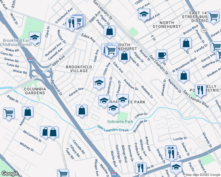 map of restaurants, bars, coffee shops, grocery stores, and more near 548 Capistrano Drive in Oakland