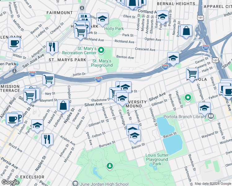 map of restaurants, bars, coffee shops, grocery stores, and more near 150 Cambridge Street in San Francisco
