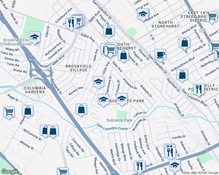map of restaurants, bars, coffee shops, grocery stores, and more near 548 Capistrano Drive in Oakland