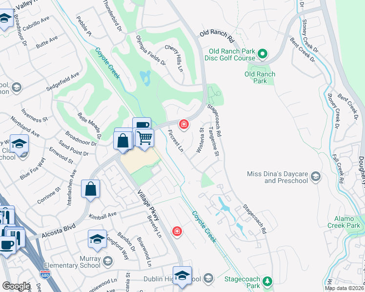 map of restaurants, bars, coffee shops, grocery stores, and more near 20 Fircrest Court in San Ramon