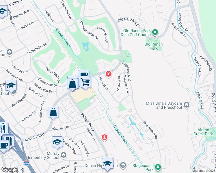 map of restaurants, bars, coffee shops, grocery stores, and more near 20 Fircrest Court in San Ramon