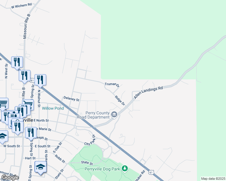 map of restaurants, bars, coffee shops, grocery stores, and more near 925 Ridge Drive in Perryville