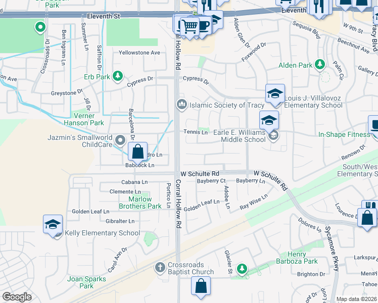 map of restaurants, bars, coffee shops, grocery stores, and more near 1955 Harvest Landing Court in Tracy