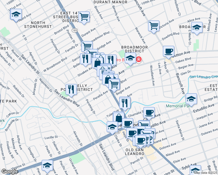 map of restaurants, bars, coffee shops, grocery stores, and more near 141 Peralta Avenue in San Leandro