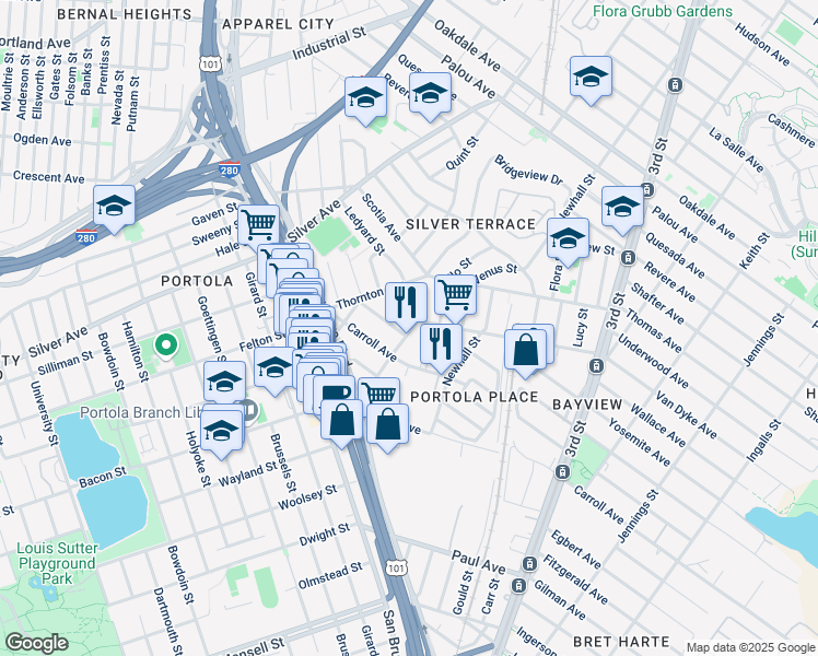 map of restaurants, bars, coffee shops, grocery stores, and more near 2525 Phelps Street in San Francisco