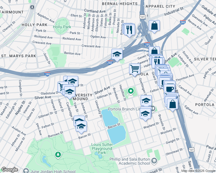 map of restaurants, bars, coffee shops, grocery stores, and more near 76 Dartmouth Street in San Francisco