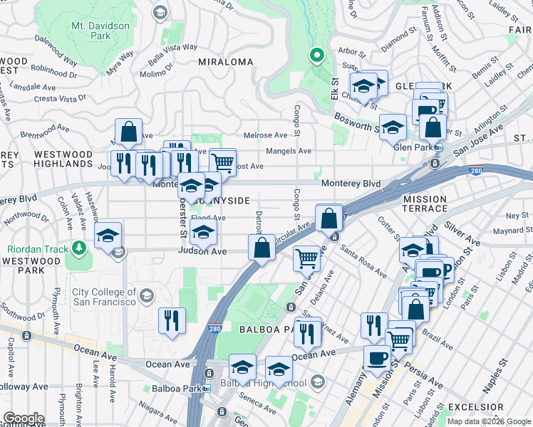 map of restaurants, bars, coffee shops, grocery stores, and more near 62 Staples Avenue in San Francisco