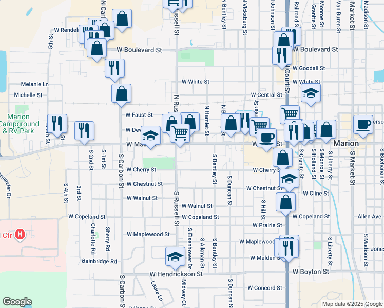 map of restaurants, bars, coffee shops, grocery stores, and more near 1401 West End Street in Marion