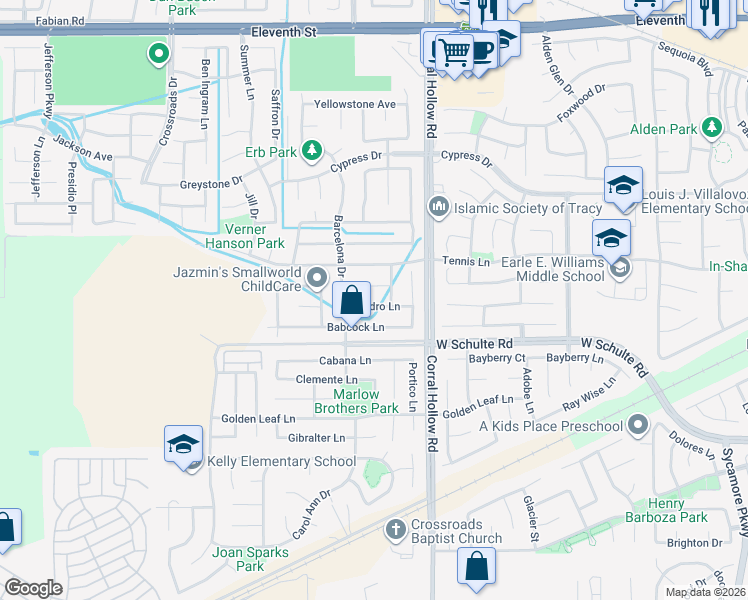 map of restaurants, bars, coffee shops, grocery stores, and more near 2145 Pedro Lane in Tracy