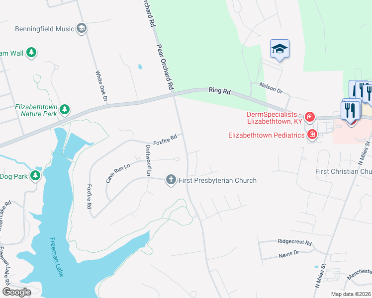 map of restaurants, bars, coffee shops, grocery stores, and more near 1100 Pear Orchard Road in Elizabethtown
