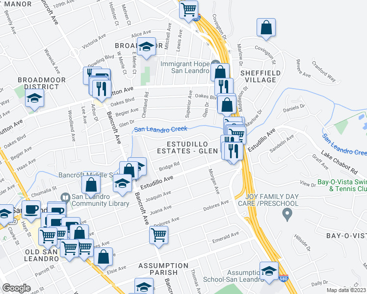 map of restaurants, bars, coffee shops, grocery stores, and more near 818 Collier Drive in San Leandro