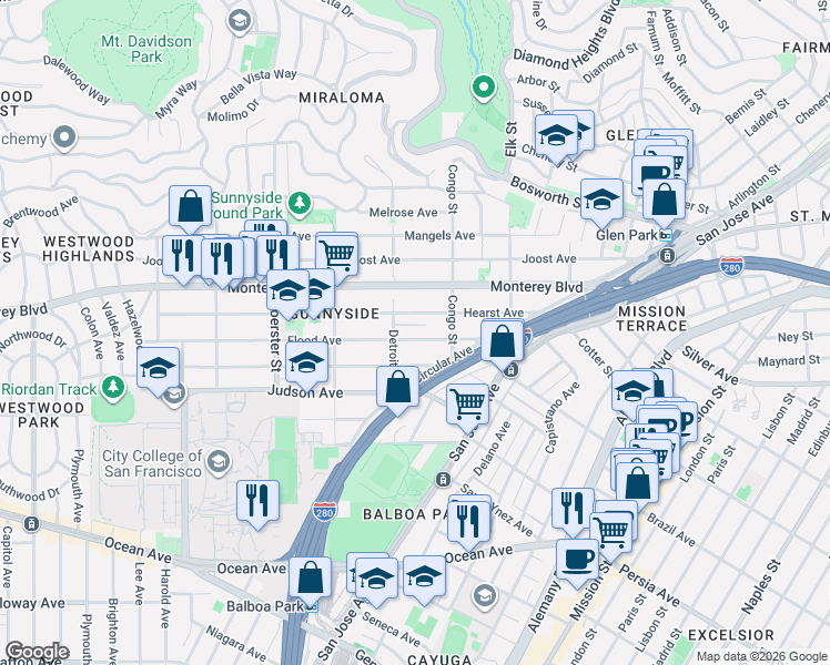 map of restaurants, bars, coffee shops, grocery stores, and more near in San Francisco