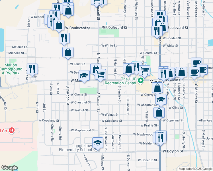 map of restaurants, bars, coffee shops, grocery stores, and more near 1300 West End Street in Marion