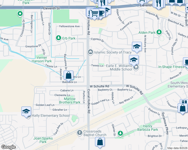 map of restaurants, bars, coffee shops, grocery stores, and more near 1955 Harvest Landing Court in Tracy