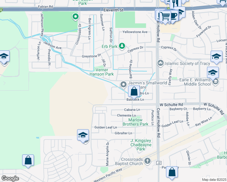 map of restaurants, bars, coffee shops, grocery stores, and more near 160 Faith Lane in Tracy