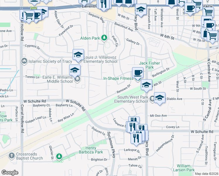 map of restaurants, bars, coffee shops, grocery stores, and more near 1231 Renown Drive in Tracy