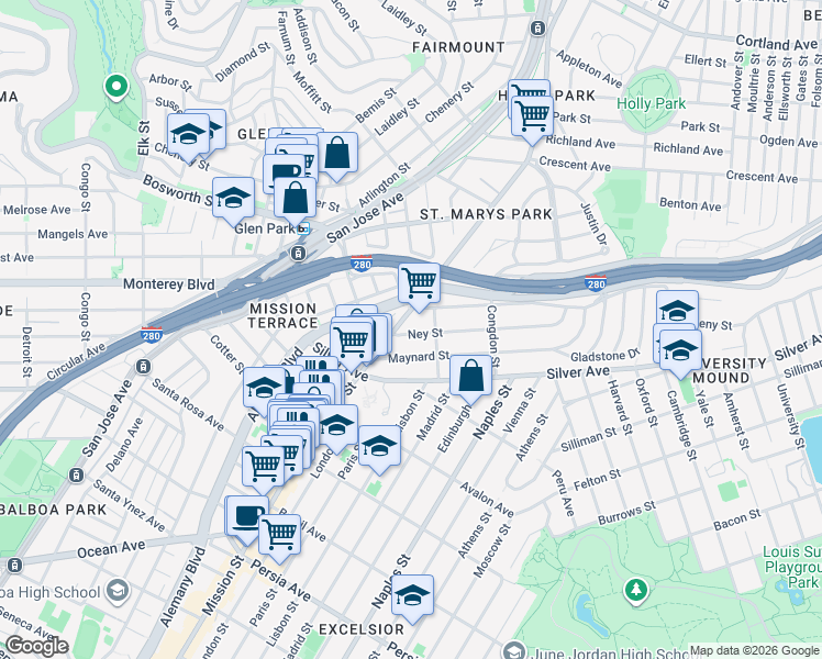 map of restaurants, bars, coffee shops, grocery stores, and more near 4225 Mission Street in San Francisco