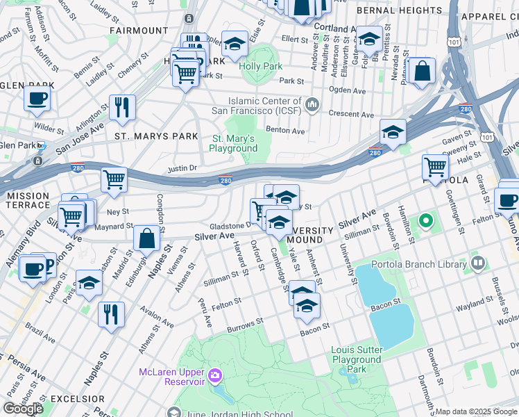 map of restaurants, bars, coffee shops, grocery stores, and more near 71 Gladstone Drive in San Francisco