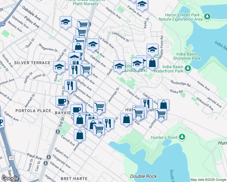 map of restaurants, bars, coffee shops, grocery stores, and more near in San Francisco