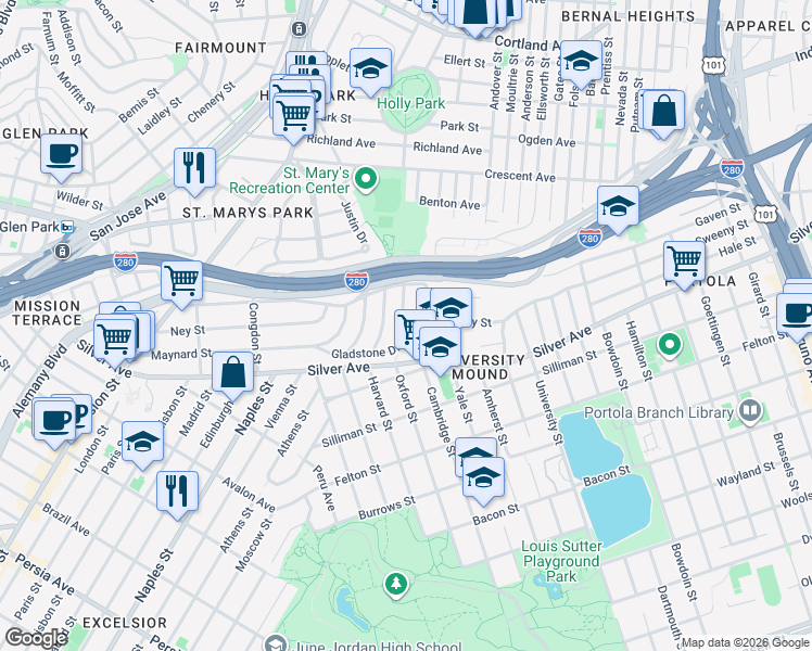 map of restaurants, bars, coffee shops, grocery stores, and more near 71 Gladstone Drive in San Francisco
