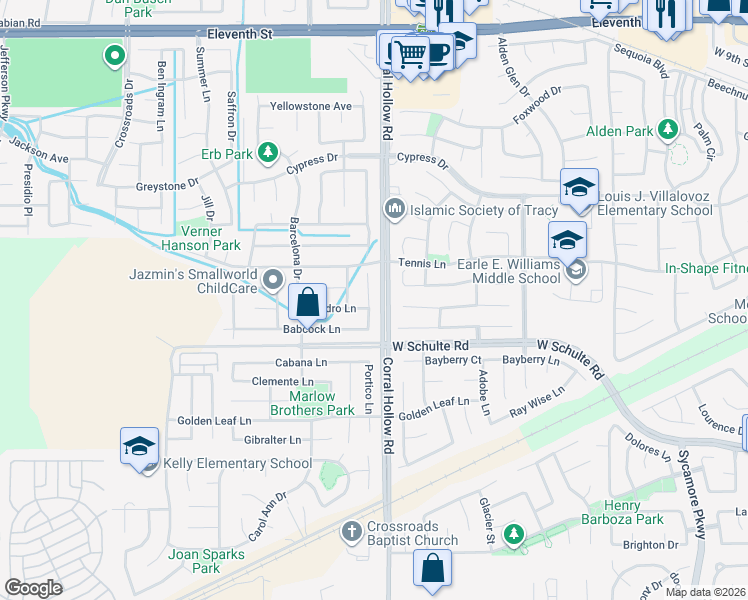 map of restaurants, bars, coffee shops, grocery stores, and more near 160 Nabor Court in Tracy