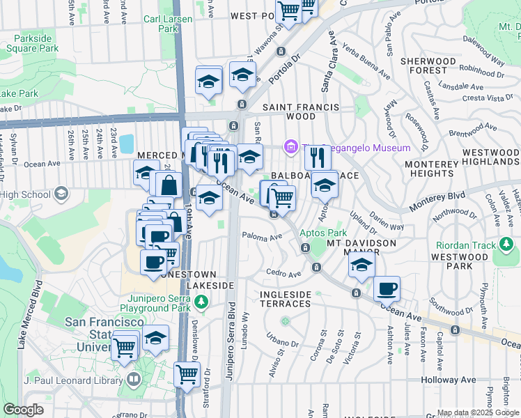 map of restaurants, bars, coffee shops, grocery stores, and more near 361 Moncada Way in San Francisco
