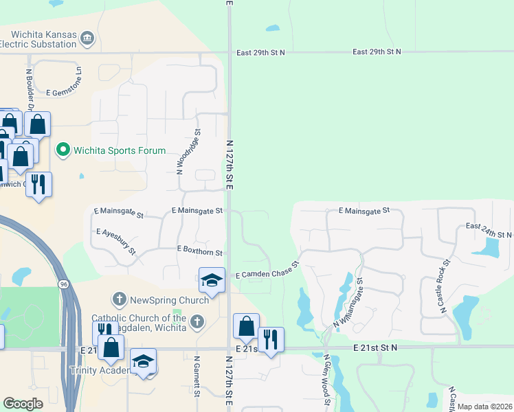 map of restaurants, bars, coffee shops, grocery stores, and more near 12909 E Mainsgate Cir in Wichita