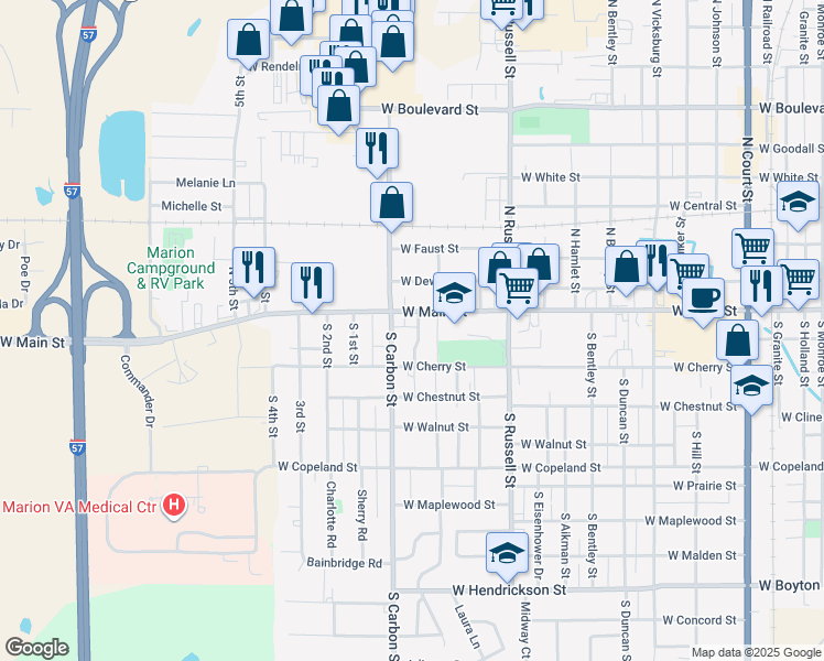 map of restaurants, bars, coffee shops, grocery stores, and more near 102 South Ewan Street in Marion