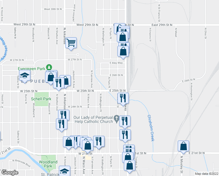 map of restaurants, bars, coffee shops, grocery stores, and more near 2602 North Park Place in Wichita