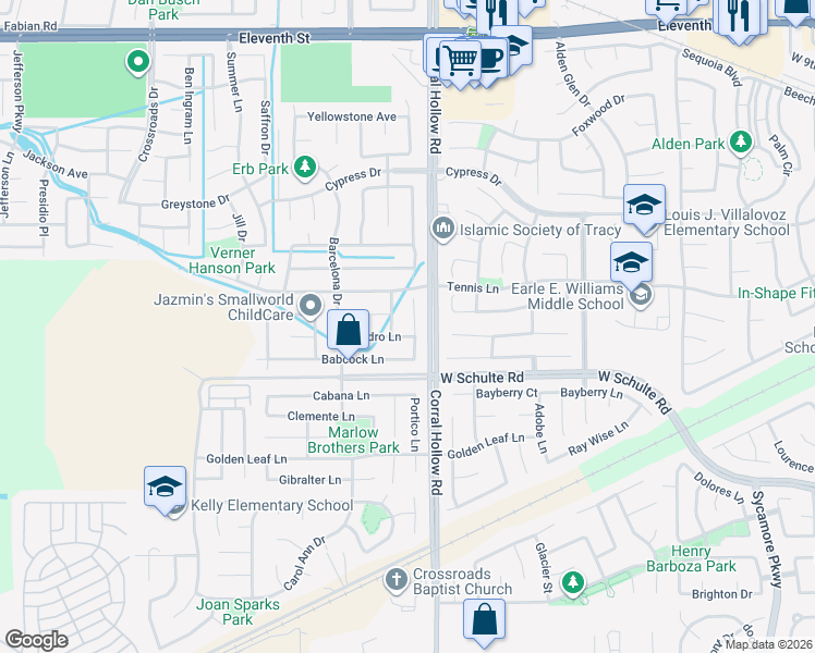 map of restaurants, bars, coffee shops, grocery stores, and more near 161 Nabor Court in Tracy