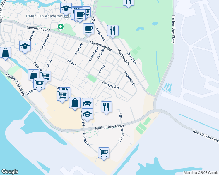 map of restaurants, bars, coffee shops, grocery stores, and more near 3525 McSherry Way in Alameda