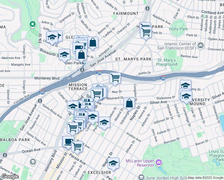 map of restaurants, bars, coffee shops, grocery stores, and more near 4225 Mission Street in San Francisco