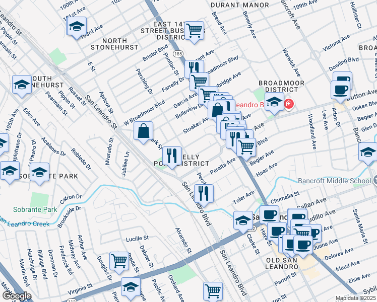 map of restaurants, bars, coffee shops, grocery stores, and more near 520 Pershing Drive in San Leandro