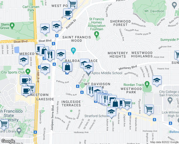 map of restaurants, bars, coffee shops, grocery stores, and more near 510 Upland Dr in San Francisco