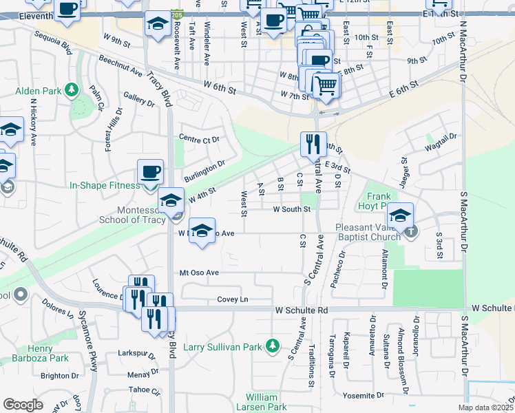 map of restaurants, bars, coffee shops, grocery stores, and more near 211 West Mount Diablo Avenue in Tracy