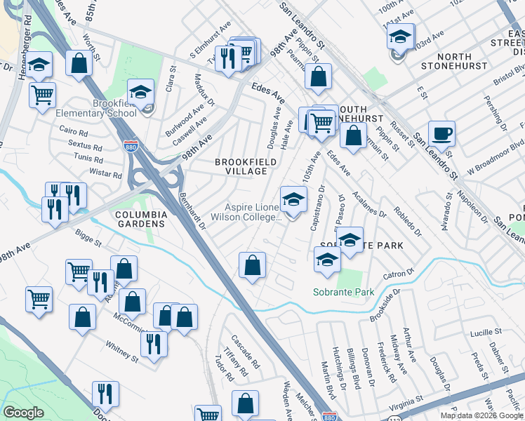 map of restaurants, bars, coffee shops, grocery stores, and more near 220 Louvaine Avenue in Oakland