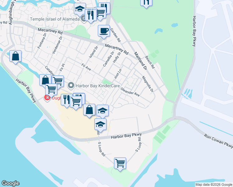 map of restaurants, bars, coffee shops, grocery stores, and more near 1165 Hillery Way in Alameda