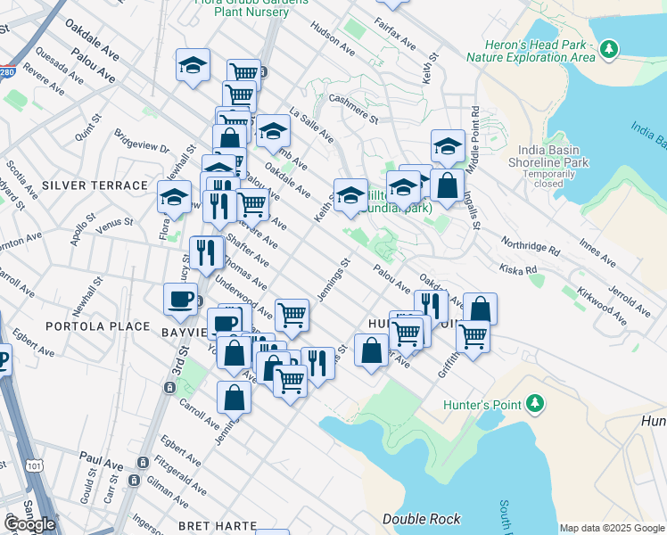 map of restaurants, bars, coffee shops, grocery stores, and more near in San Francisco