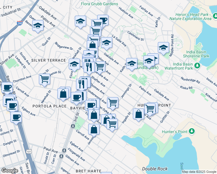 map of restaurants, bars, coffee shops, grocery stores, and more near 1838 Keith Street in San Francisco